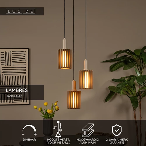 Lucide LAMBRES - Hanglamp - 3xE27 - Taupe - USP